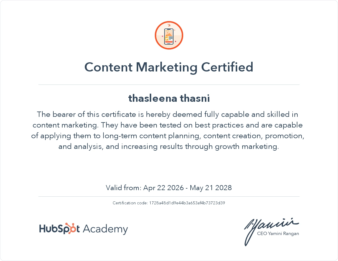certification showcasing inbound marketing and content strategy expertise.