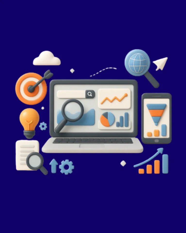 Search engine marketing illustration with paid advertising analytics, conversion funnel, keyword targeting, and campaign performance tracking.