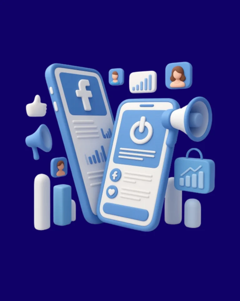 Social media marketing illustration with mobile apps, engagement analytics, branding, and online advertising tools.
